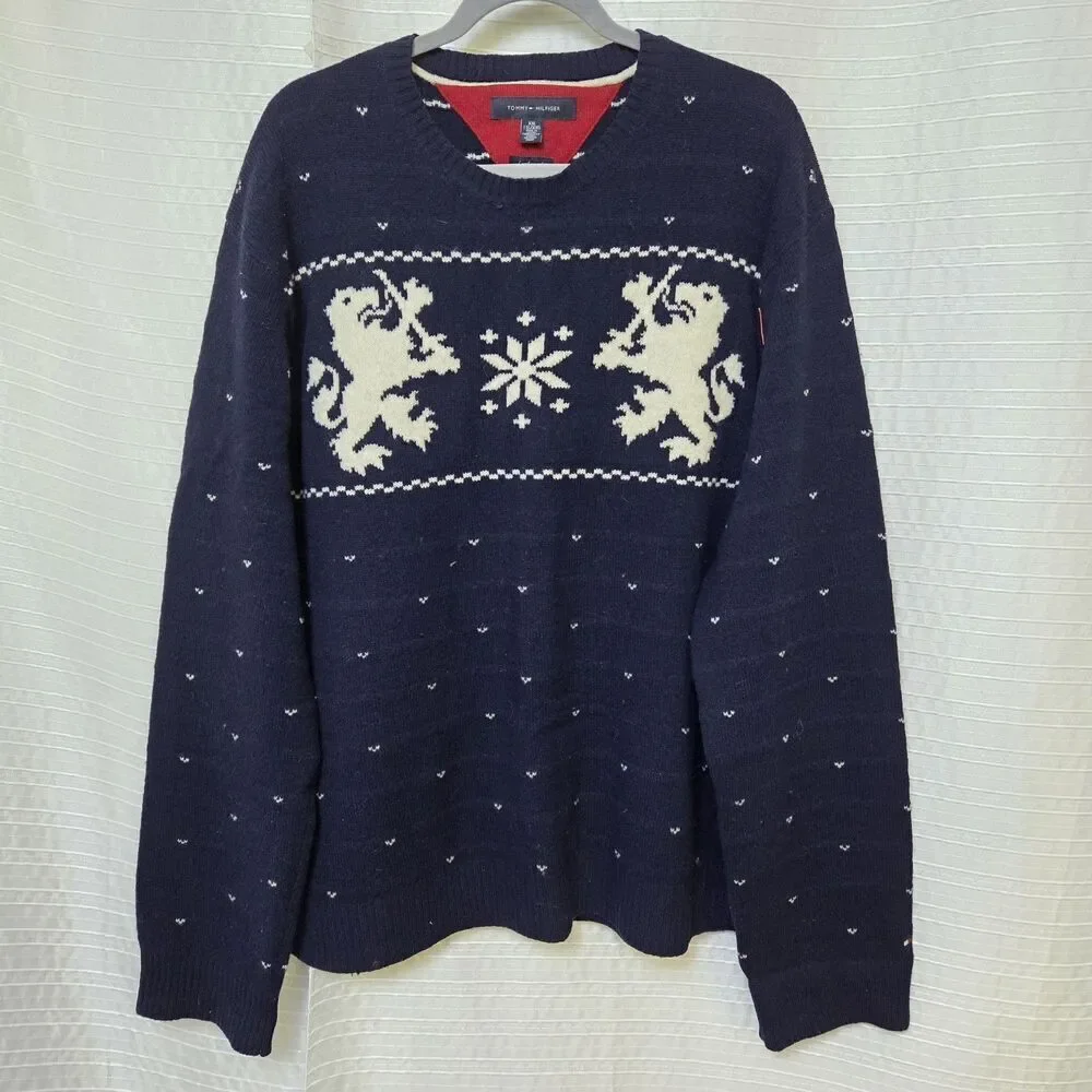 VGT Tommy Hilfiger Lambswool Crewneck Sweater Men's XXL Heraldic Lion Navy/Cream